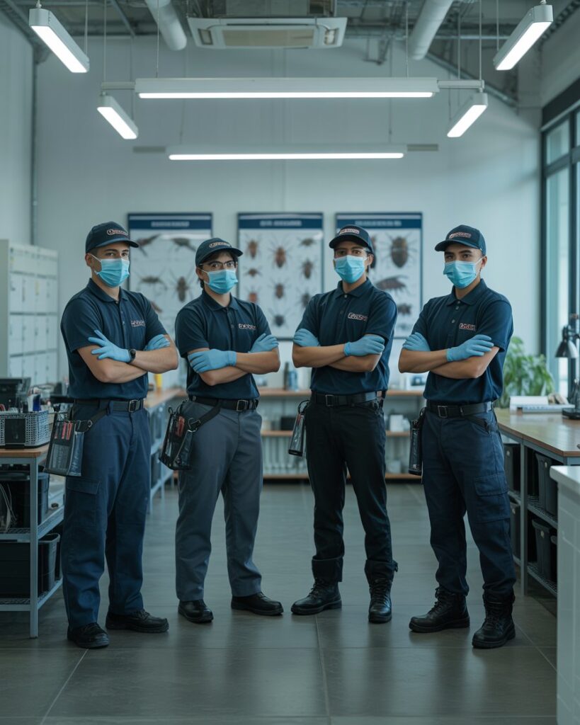 Professional pest control team in uniform with equipment, ready for service.